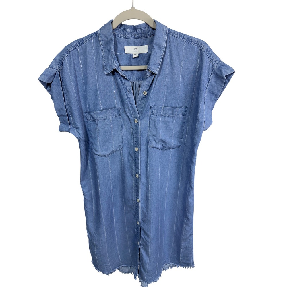Thread & Supply Dress Chambray Pinstripe Raw Hem Button Down Women's Small Blue